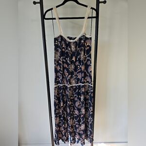 LOVESTITCH Floral Maxi Dress MEDIUM Lace Straps Cutout Back Navy Blue